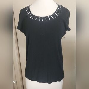 T86 Dressbarn sleek black short-sleeve tee decorative silver-studded scoop neck